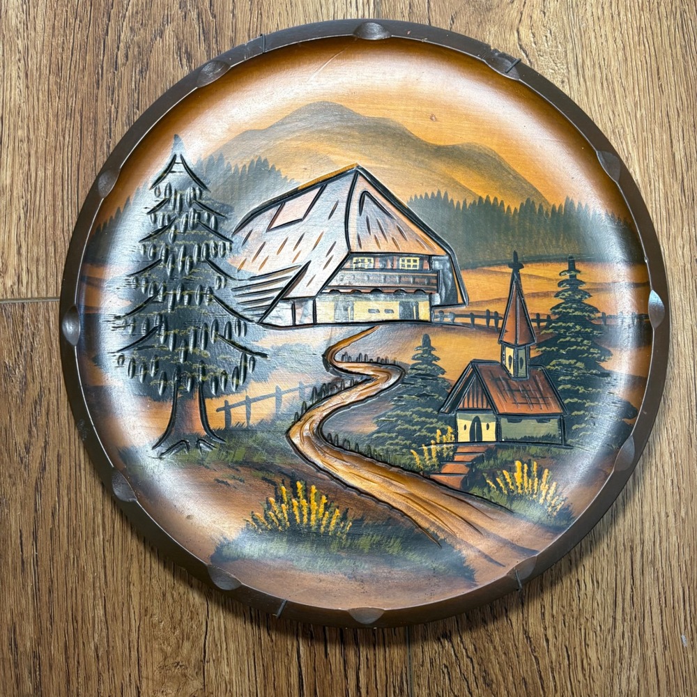 Vintage 1980 Hand Carved Wood Wall Plate Alpine Mountain Chalet Scene 11.5"